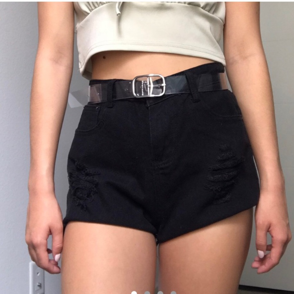 high waisted black distressed denim shorts